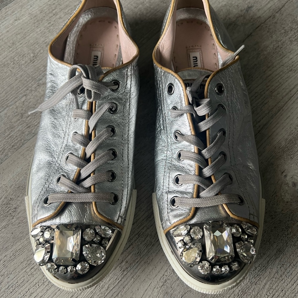 Miu Miu Metallic Silver Crystal Sneakers